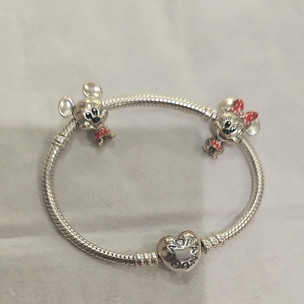 Silver Pandora Minnie Mouse, Mickey Mouse and Heart Charm Bracelet